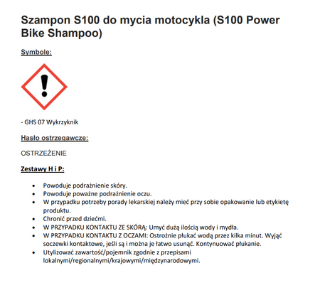 ŚRODEK DO CZYSZCZENIA MOTOCYKLA S100 POWER BIKE SHAMPOO INTERNATIONAL 1L