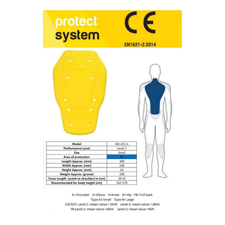 Protektor wymienny pleców PROTECT SYSTEM SW-253 żółty