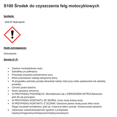 PREPARAT DO CZYSZCZENIA FELG S100 RIM CLEANER 500ML