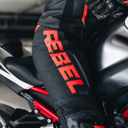 Spodnie skórzane REBELHORN REBEL BLACK/FLO RED czarny czerwony fluo
