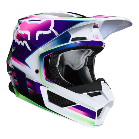 Kask cross dziecięcy FOX JUNIOR V1 GAMA MULTI fioletowy biały różowy niebieski zielony czarny